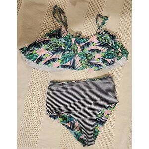 Tropical Bikini Swimsuit Set Womens Sz S Reversable High Waisted Bottoms EUC
